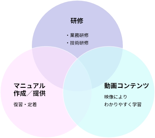 研修、マニュアル作成/提供、動画コンテンツ